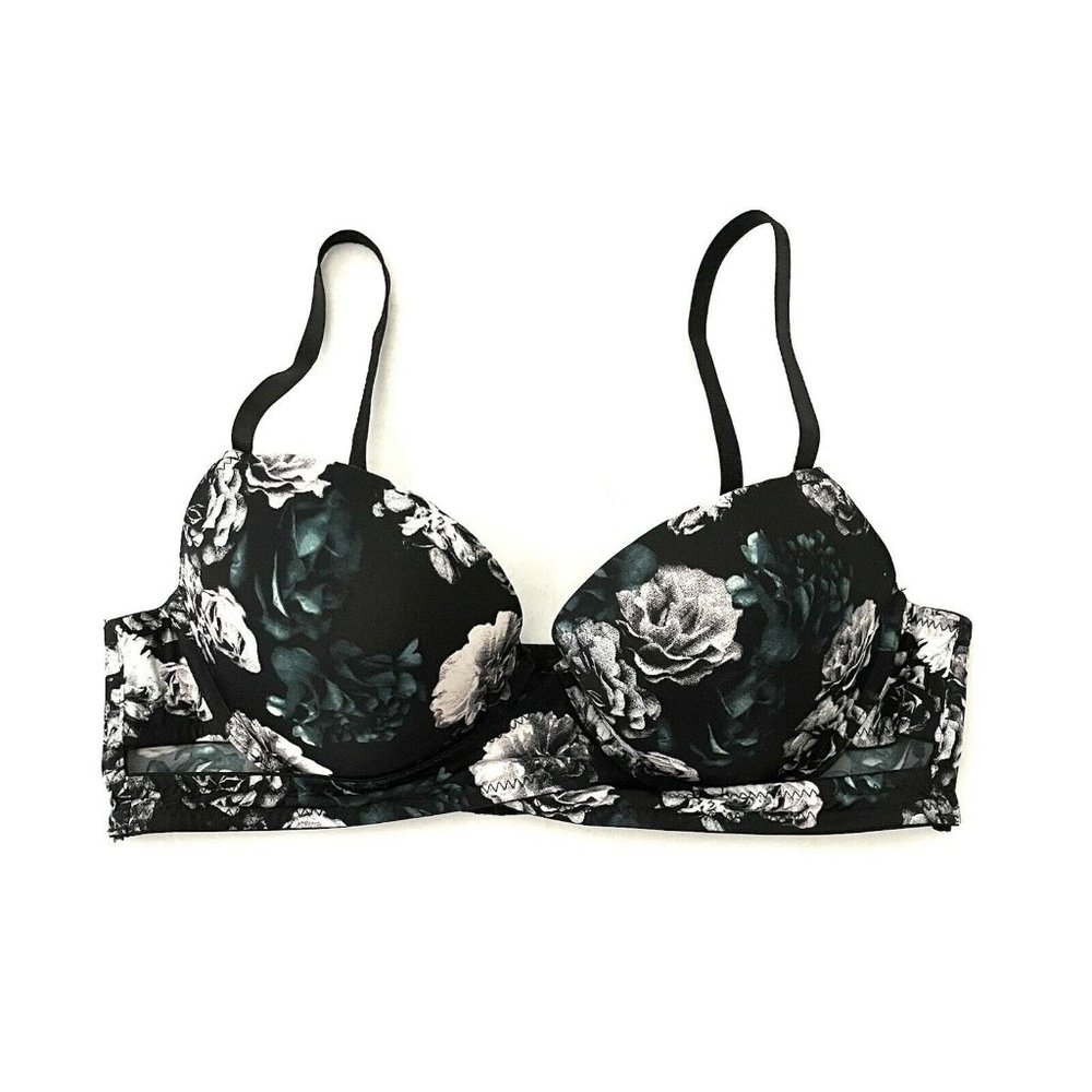 XOXO Push-up Padded Bra 36C Balconette Black Floral Underwire Wrap Front EUC